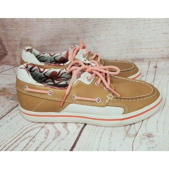 XTRATUF Salmon Sisters Finatic 2 Pink Tan Octopus Deck Shoes Size 7 - Picture 1 of 12